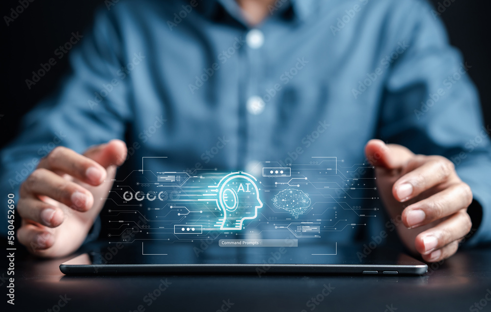 Leinwandbilder Businessman using chat bot intelligence Ai. Chat with AI Artificial Intelligence, developed by OpenAI generate. Futuristic technology, robot in online system...