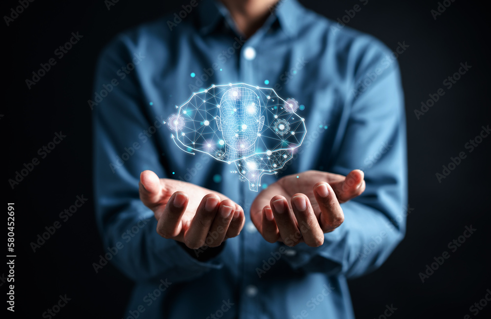Fototapete Businessman using chat bot intelligence Ai. Chat with AI Artificial Intelligence, developed by OpenAI generate. Futuristic technology, robot in online system...
