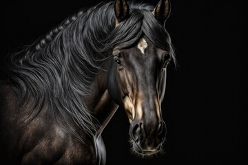 Naklejka na ściany i meble A young black stallion with a big head turns his back to look at the camera. On a dark background is a portrait. The animal's looking eyes. Generative AI