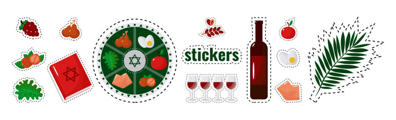 Stickers Jewish holiday Passover, Pesach, traditional icons and symbols. Vector illustration