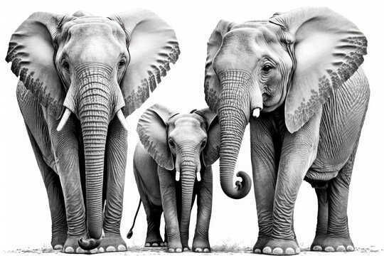An artistic black and white photo of three African Bush Elephants, Loxodonta africana, from an adult to a baby, standing together with their trunks up. The elephants are isolated on a white background
