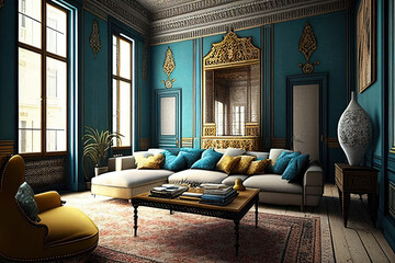 Elegant Moroccan style living room interior . AI generated.