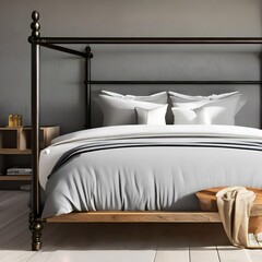A modern farmhouse bedroom with a metal bed frame and linen bedding3, Generative AI