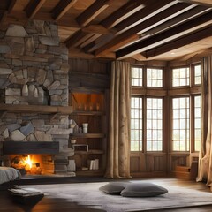 A rustic bedroom with exposed beams and a stone fireplace2, Generative AI
