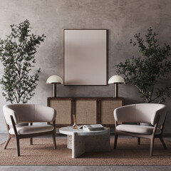 Dark living room interior with armchairs, wooden commode and mock up canvas poster. 3d rendering. High quality 3d illustration
