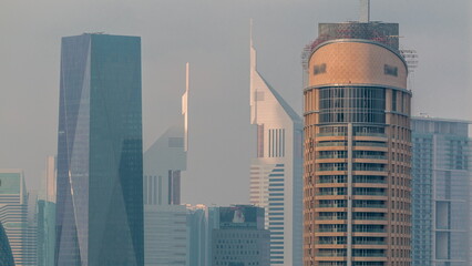 Aerial view of Dubai International Financial Centre DIFC district timelapse