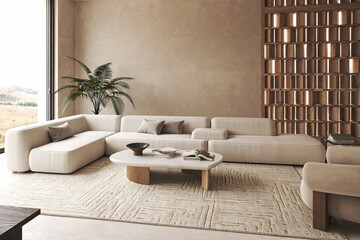 Modern interior composition with modular sofa, large carpet and decor palm tree. Big window with landscape view. Decoration wooden panels. 3d rendering. High quality 3d illustration © Viktoria Kovalchuk