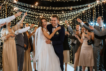 newlyweds at a wedding of sparklers