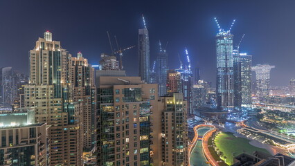 Panorama of downtown Dubai city aerial night timelapse