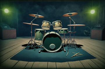 Drum kit on wooden floor with dramatic lighting