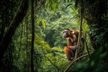 A picture of a wild orangutan in the Bukit Lawang area of the Sumatra Jungle. A free range adult orangutan climbs a tree. Generative AI - obrazy, fototapety, plakaty