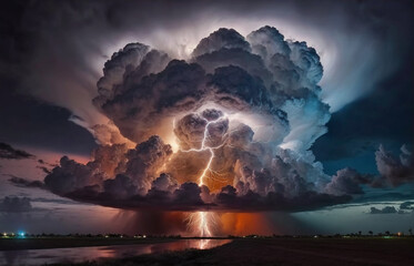 Powerful thunderstorm with lightning and dark clouds