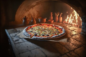 natural vegan pizza on the background of a rustic oven and fire, generative AI