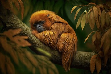 Fototapeta premium A rare and endangered Brown Howler is sleeping on a branch in So Paulo, Brazil's Botanical Gardens. Generative AI
