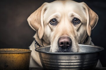 Naklejka na ściany i meble A sad looking, hungry dog waits to be fed. Cute yellow labrador retriever is holding a dog bowl in his mouth. Generative AI