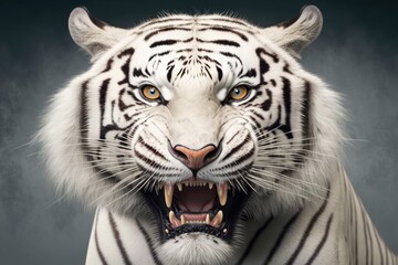 Obraz premium A white Bengal tiger's smile. Mask of the world's largest and most dangerous cat. Bad animal shows his scary teeth. Powerful raptor on a white background. Generative AI