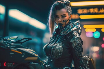 Portrait of Futuristic Female Cyberpunk Woman on Motorbike Cossplay -- generative AI