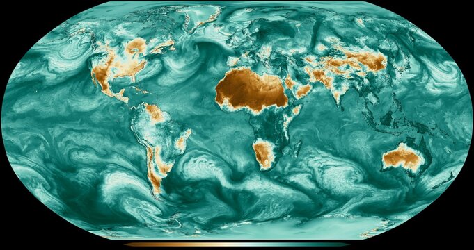 El mapa global representa la humedad de la superficie de la Tierra en diferentes regiones. La escala de temperatura va desde verdes hasta ocres.