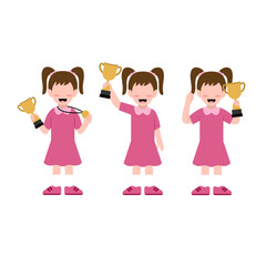 Set Of Little Girl Character Holding Trophy