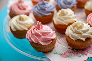 Closeup of homemade delicious cupcakes made for Birthday party in a selective focus