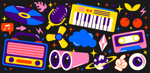 Fototapeta premium Retro 90s hippie stickers, acid psychedelic groovy elements. Cartoon funky cassettes, synthesizer, vinyl,radio vintage set of hippie style vector elements