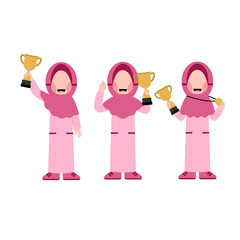 Set Of Hijab Girl Holding Trophy