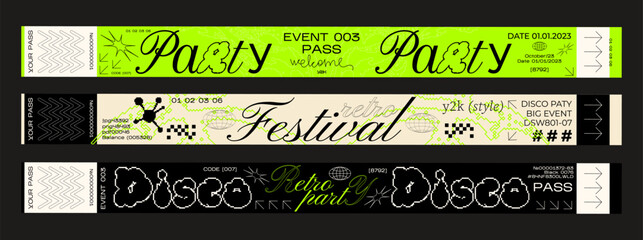 control bracelets for events, disco, festival, fan zone, party, staff. Vector mockup of a festival bracelet in a futuristic y2k style.	
