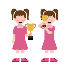 Set Of Little Girl Character Holding Trophy