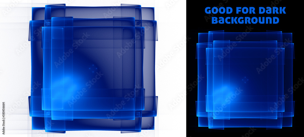 Poster blue layered translucent square fractal with light flare. good for black background. png raster grap