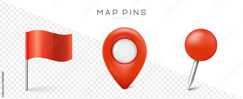 Poster pin set with shadow. map marks for gps point. vector 3d red plastic pushpins or board tacks for pape