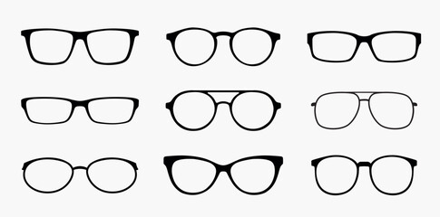 Vector glasses model icons. Set of glasses silhouettes. Black sunglasses various shapes isolated on white background
