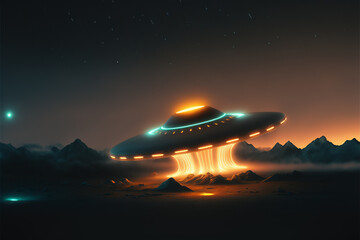 Fototapeta na wymiar Glowing UFO at night. Rays of light.