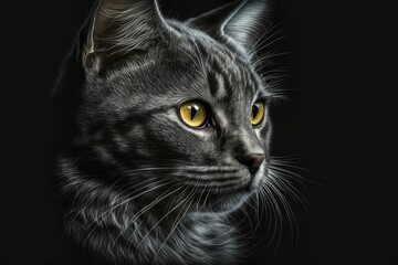 gray cat on a black background. Generative AI