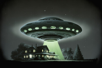 A UFO glows over a house at night. A ray of light from a UFO, an abduction. Made by artificial intelligence