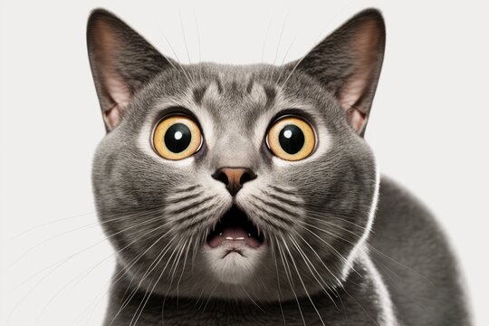 Gray cat with wide open eyes looking up with fear and surprise on white background. Generative AI