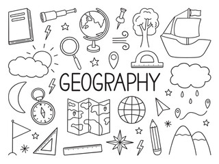 Geography doodle set. Education and study concept. map, globe, ship, compass in sketch style. Hand drawn vector illustration isolated on white background