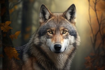 Fototapeta premium Grey Wolf Portrait an animal kept in a zoo Dawn in a magical forest. Generative AI