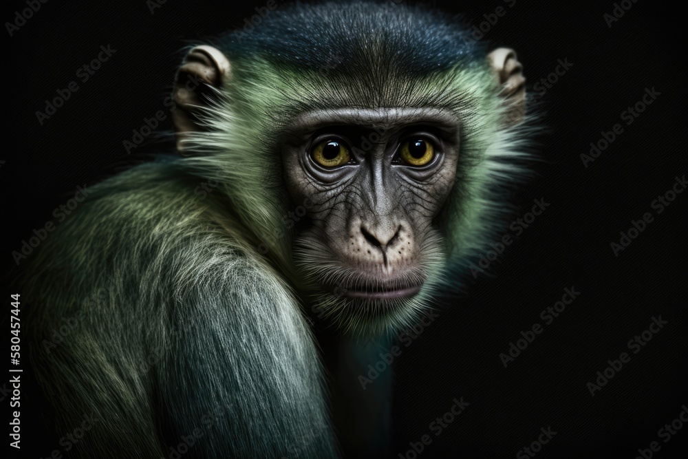 Sticker Green monkey close up portrait on black background. Generative AI