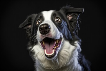 Funny expression dog. A black background with a white border collie. Generative AI