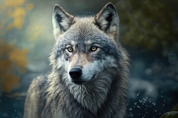 Obraz premium Grey Wolf Portrait an animal kept in a zoo Dawn in a magical forest. Generative AI