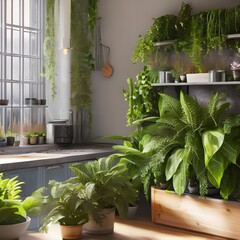 A kitchen with lost of natural light and an abundance of plants1, Generative AI