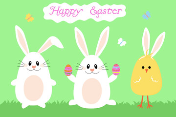 Easter bunnies and chick. Happy easter. Easter concept on green background.