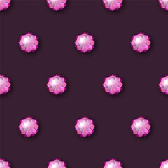 Vector Seamless Pattern with Pink 3d Realistic Transparent Round Glowing Gemstones, Diamonds, Crystals, Rhinestones Closeup. Jewerly Concept. Design Template