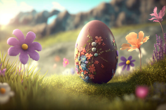 Easter sweets. Generative AI. Large chocolate egg with a floral pattern on a grassy background on a spring sunny day. Tradition of Easter hunting and searching for eggs. Festive candies and gifts.
