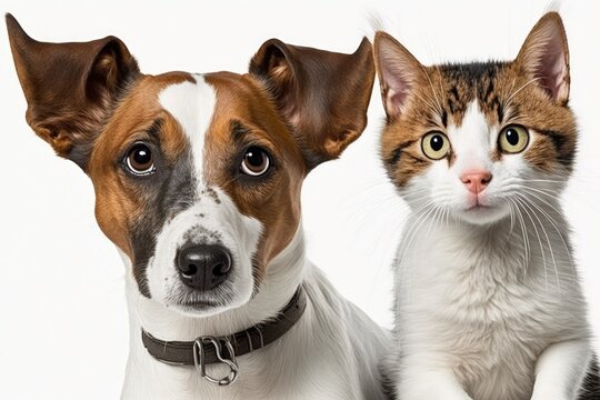 A picture of a cute dog A Jack Russell Terrier and a happy looking cat Scottish Straight, set off against a white background. Generative AI