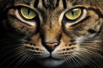 Closeup of the face of a tabby cat. Background on animals. Generative AI