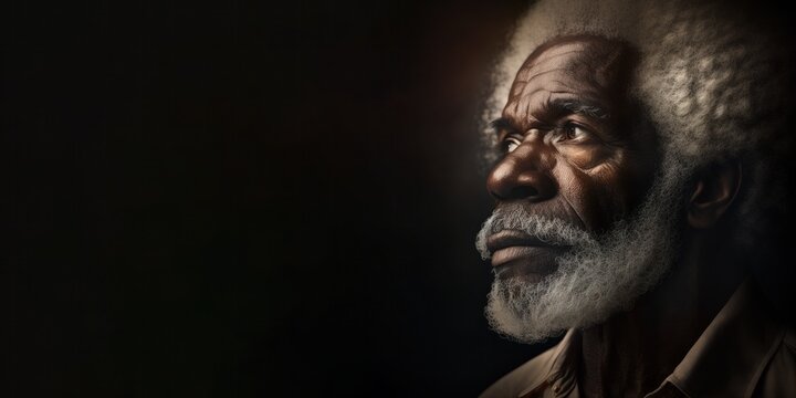 Senior African American man thinking. Portrait on black background, copyspace. Generative ai illustration - not a real person.
