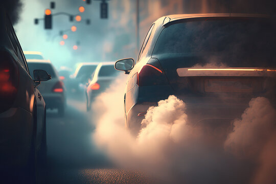 A car stuck in traffic with visible exhaust fumes, created with Generative AI technology