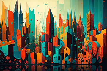 City skyline at sunset in abstract style, Generative AI