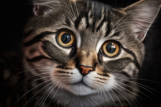 Cute Fluffy Cat with Stripes Looking Up. Big Eyes. Pet Portrait. Animal Photo. Generative AI